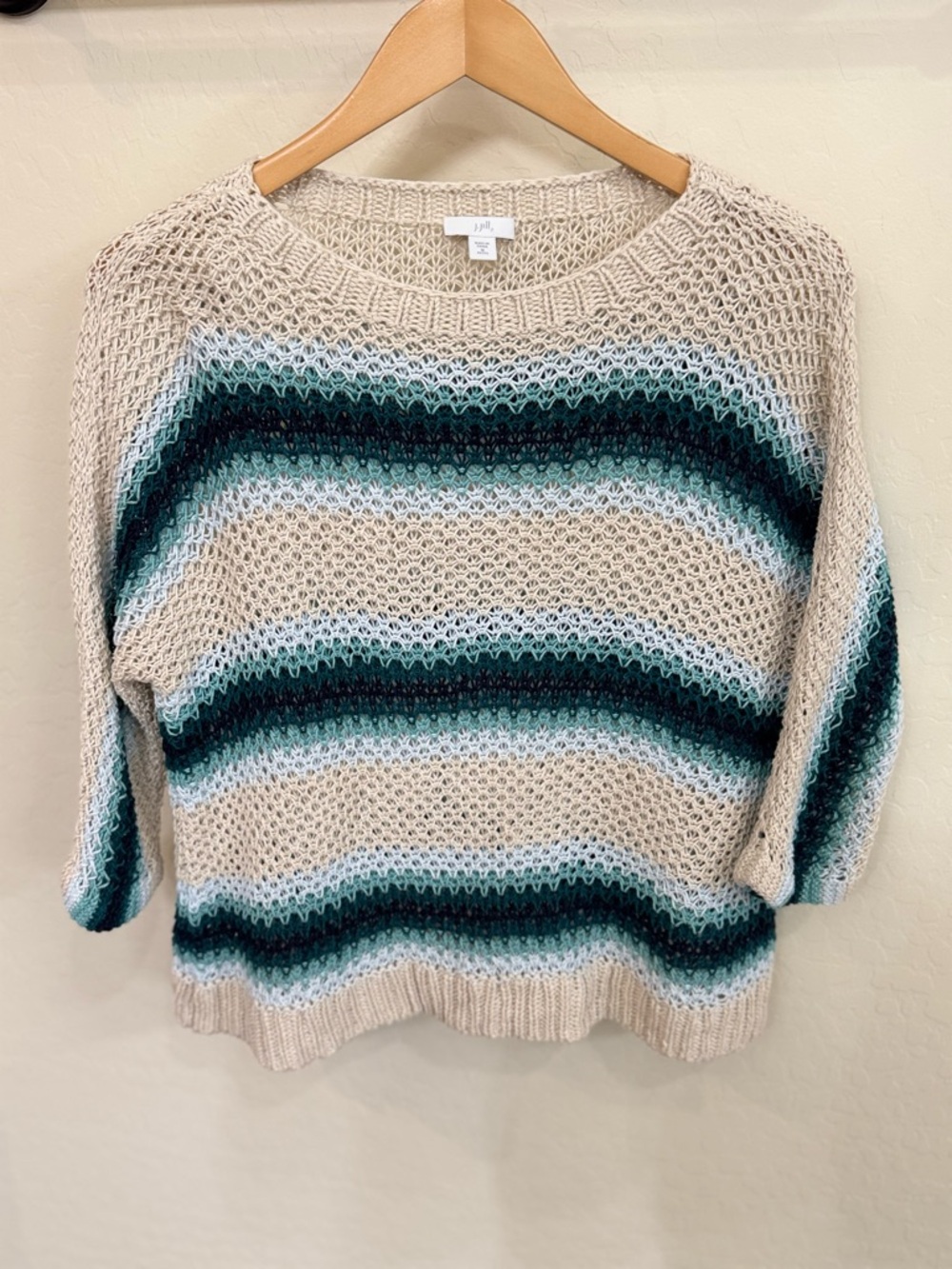 J. Jill Open Knit Linen Blend Striped Sweater Top Boho Coastal Blue MP